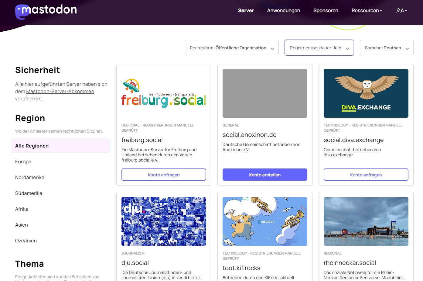 Mastodon: Der erste Schritt - Wahl des Servers (Screenshot)