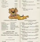 Carte des desserts du restaurant Chez l’Ours avec illustration d’un ours et liste des desserts.