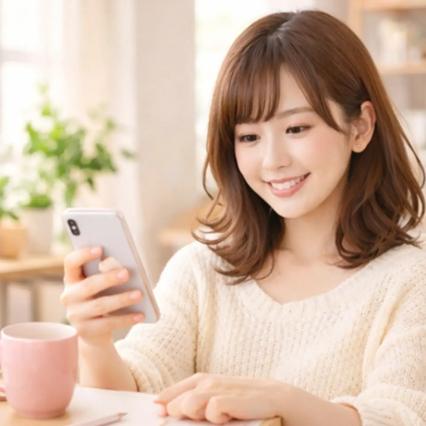女性が携帯を見ながら、メールレディを始めようとしているイメージ
