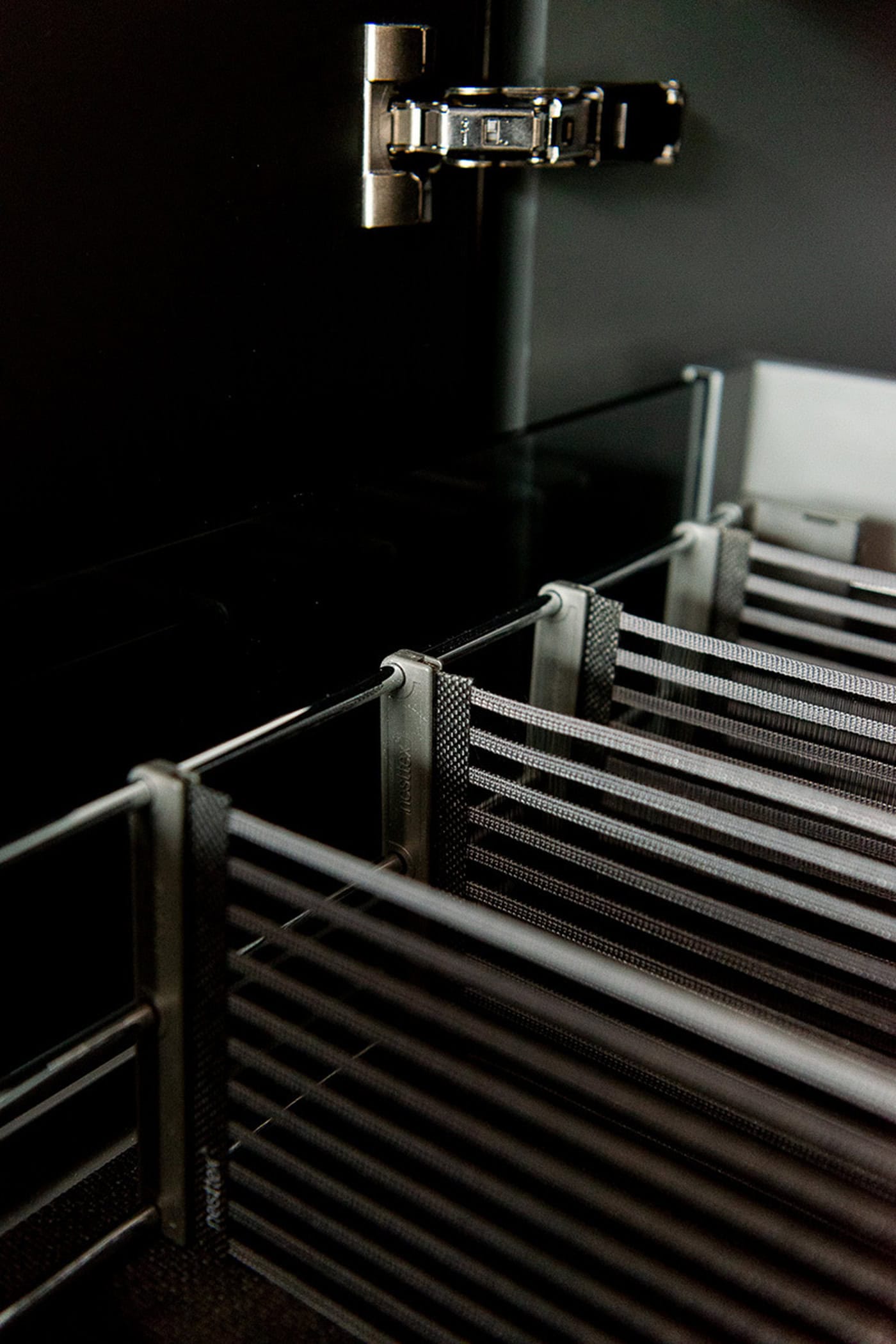 Close-up of premium soft-close cabinet hinge and internal metal pull-out organizer.