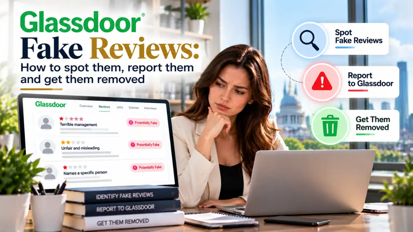 Fake Glassdoor reviews: potentially fake reviews flagged on an employer profile, with steps to spot, report and remove them