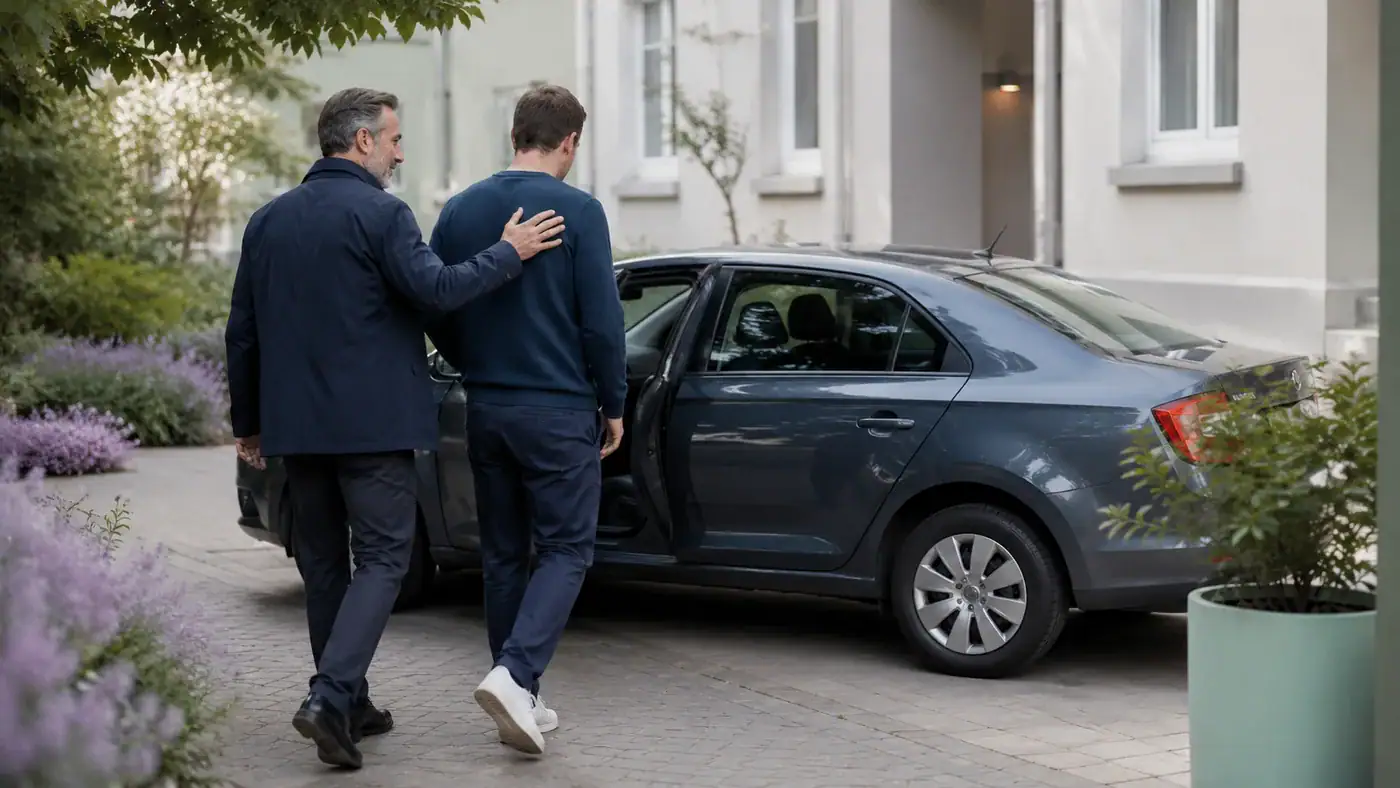 Врач сопровождает пациента к автомобилю клиники