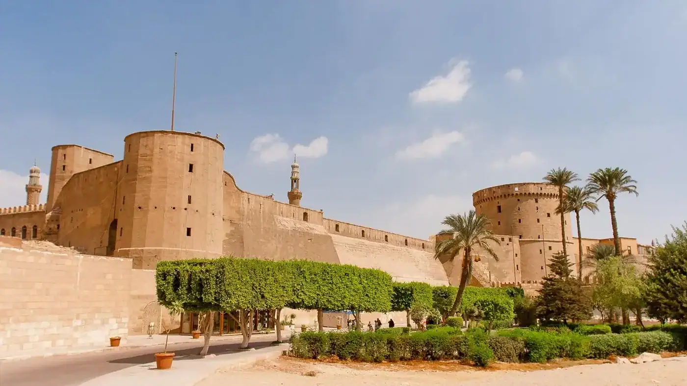 Medieval limestone walls and defensive towers of Cairo Citadel