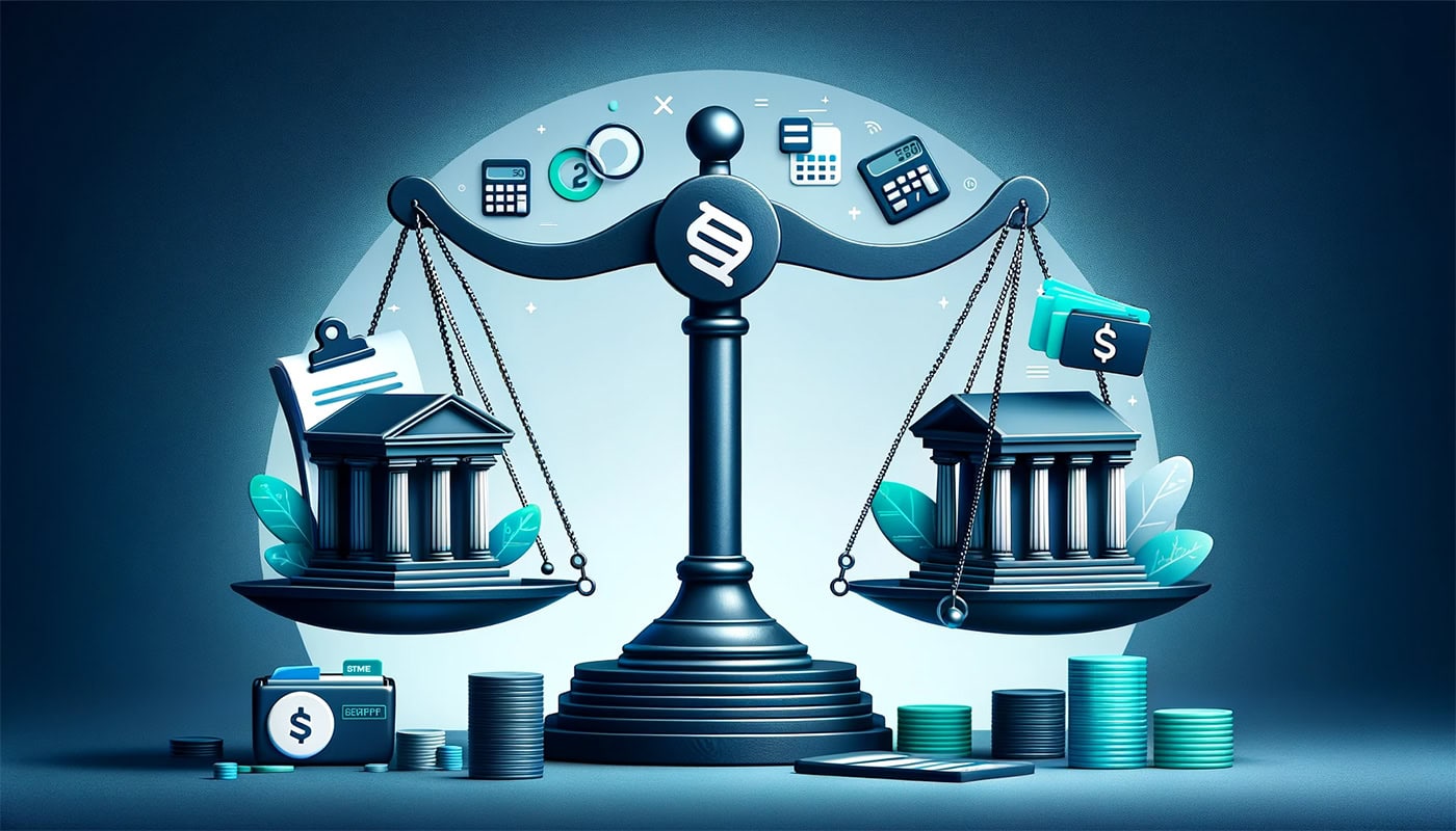 Stripe against merchant accounts for credit card processing on a scale balance.