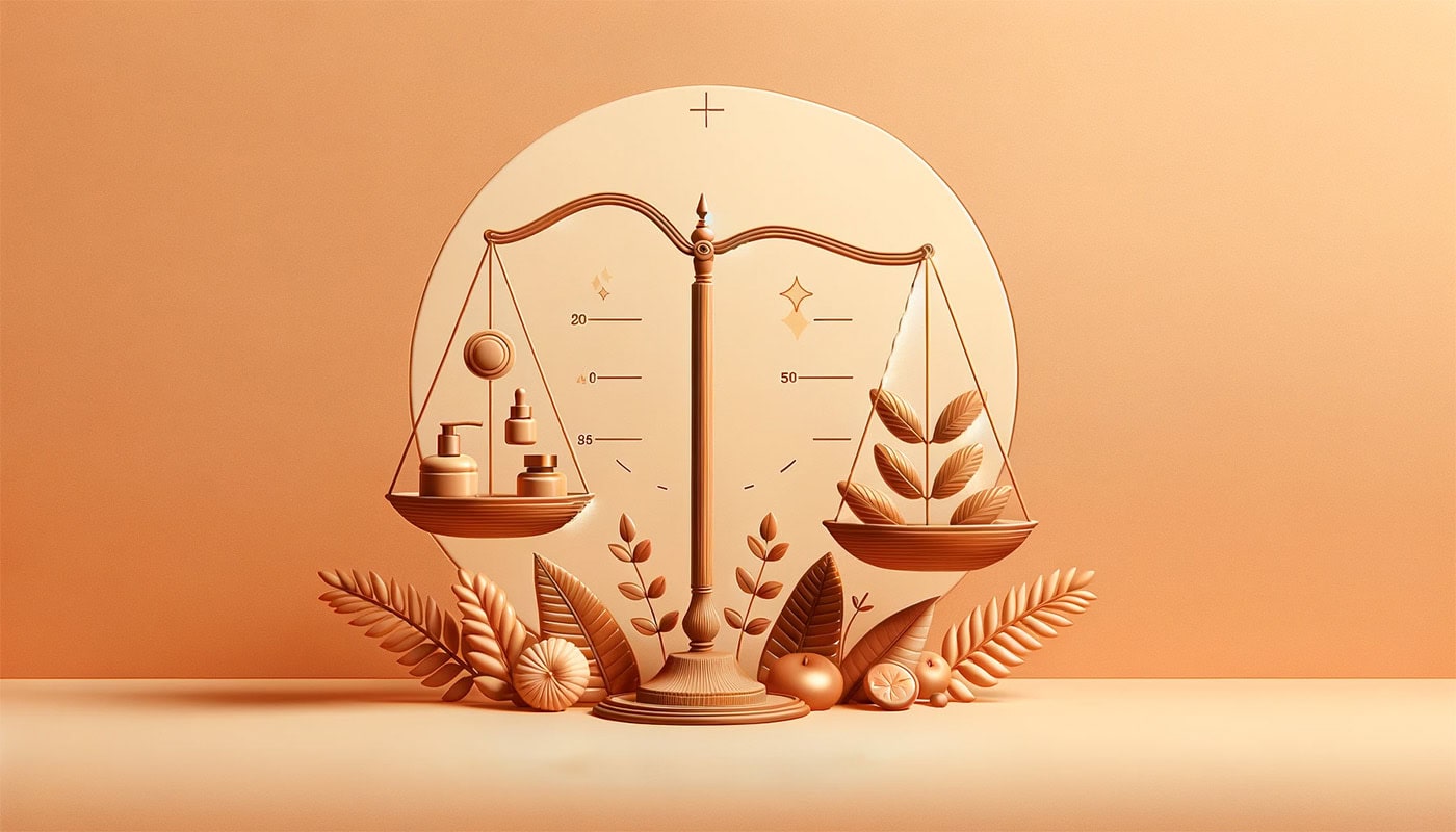 a balance weight geometric shapes on the left and plant leaves on the right with plans and spheres surrounding the base in front of a circle with a natural orange monochromatic color scheme