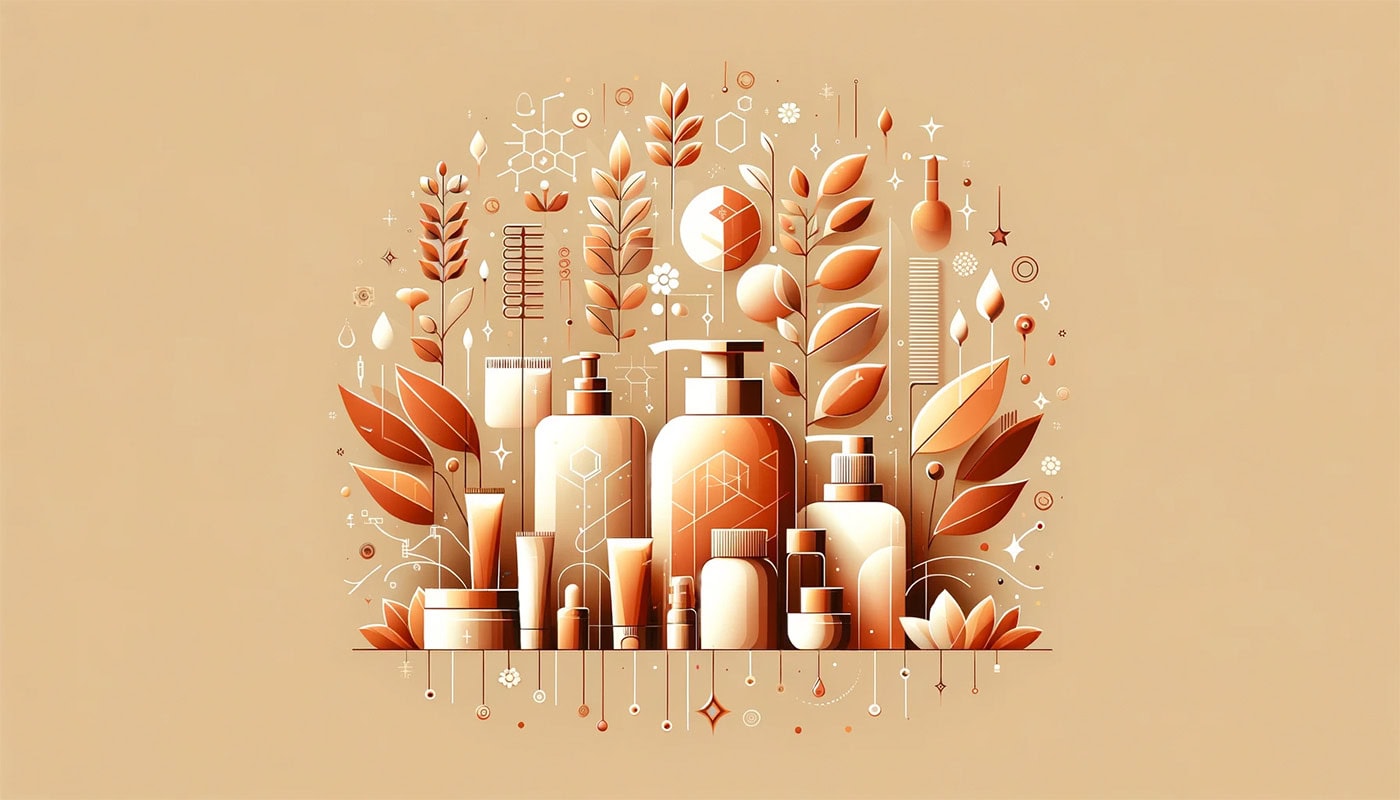 lotion bottles and pumps, vials, tubes, balms, and containers for skincare with plant leaves and organic shapes