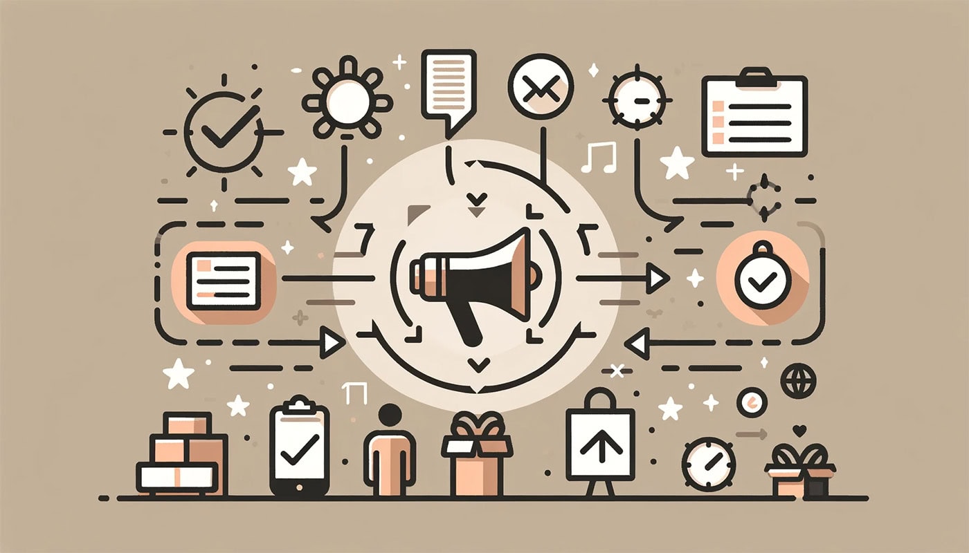 megaphone surrounded by gifts and people and lists and clipboards and other business-related icons