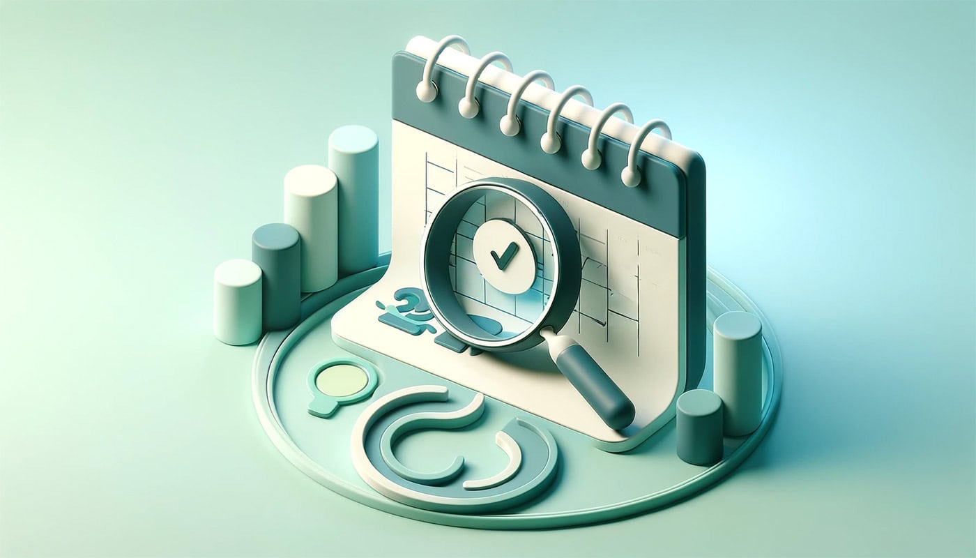 calendar with magnifying glass focusing on a checkmark