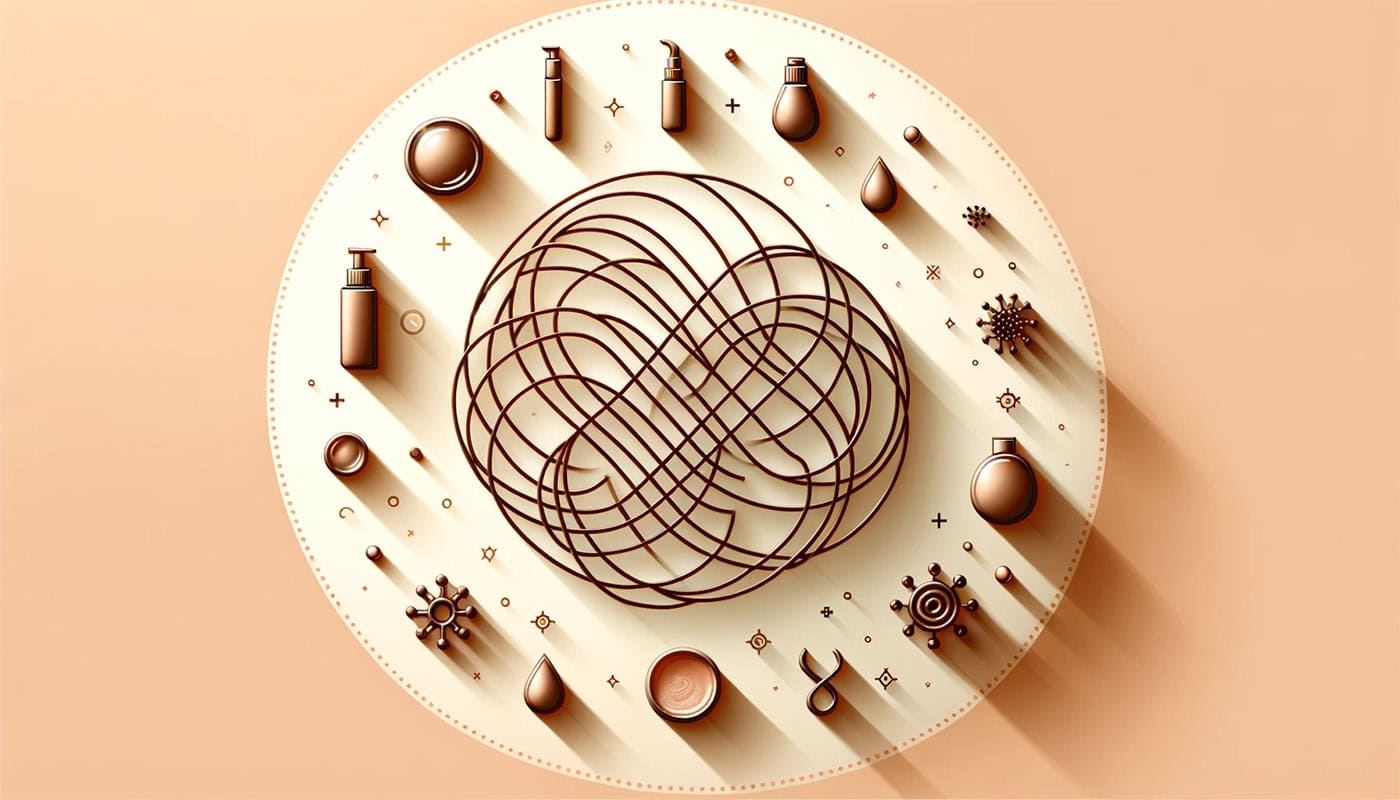 swirls of brown lines making loops within a cream circle bordered by various shapes and bottles