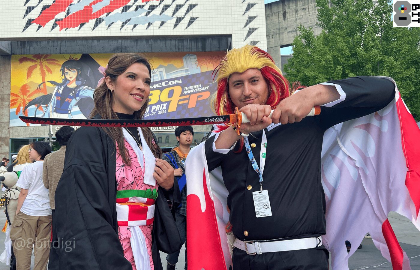 Demon Slayer cosplayers in front of the San Jose Convention Center during FanimeCon 2024. 8Bit/Digi