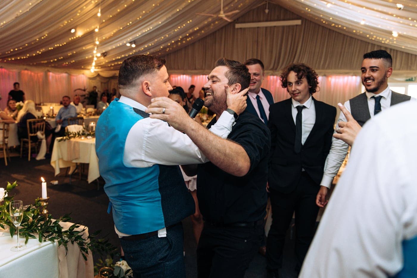 dancing during the wedding breakfast with an entertainer at heaton house farm