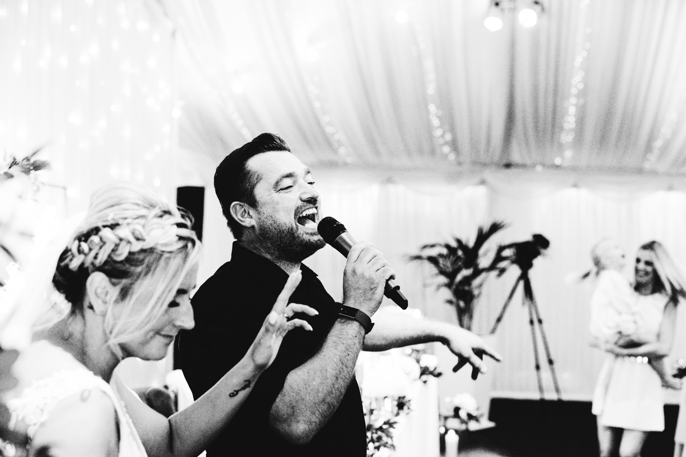 dancing during the wedding breakfast with an entertainer at heaton house farm