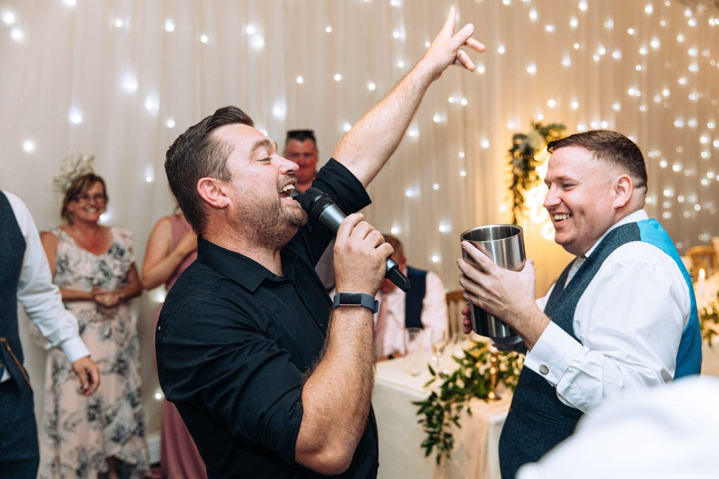 dancing during the wedding breakfast with an entertainer at heaton house farm
