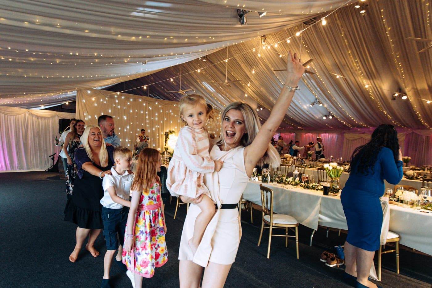 dancing during the wedding breakfast with an entertainer at heaton house farm