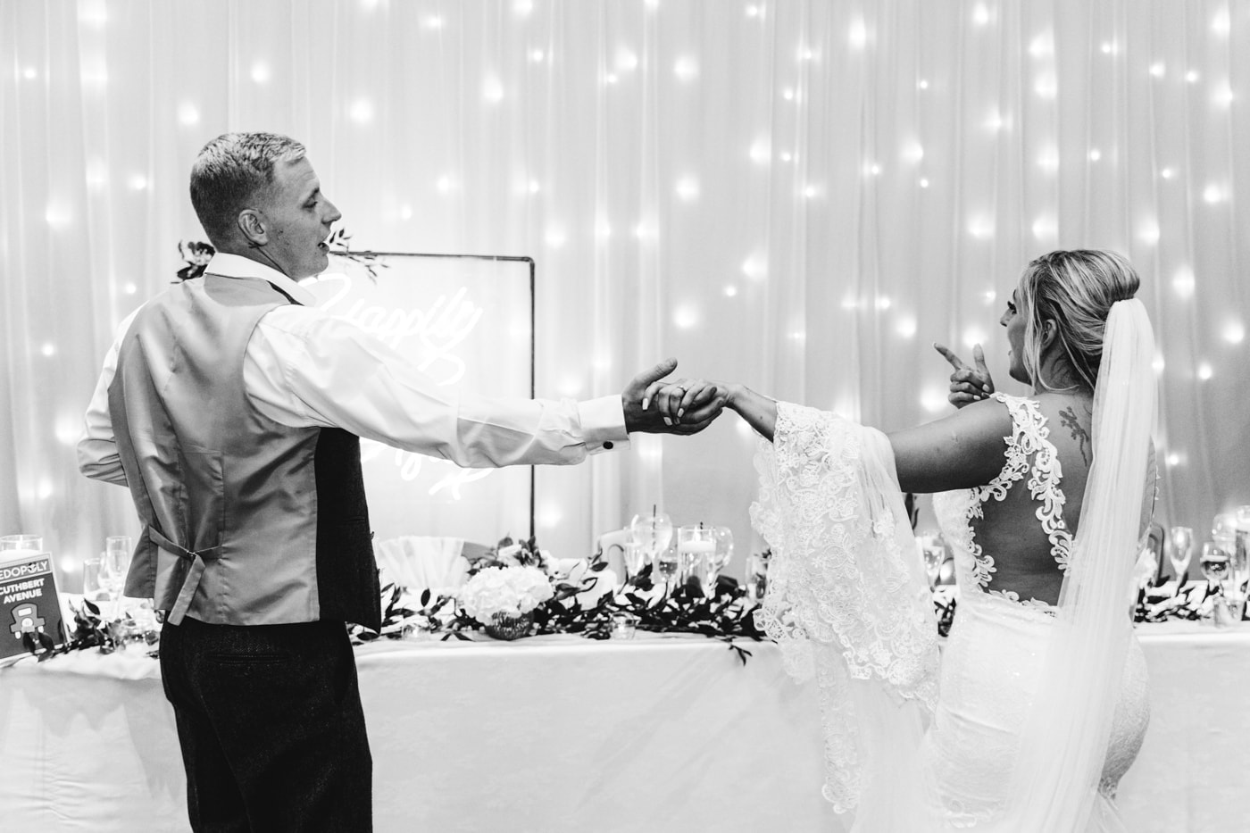 dancing during the wedding breakfast with an entertainer at heaton house farm