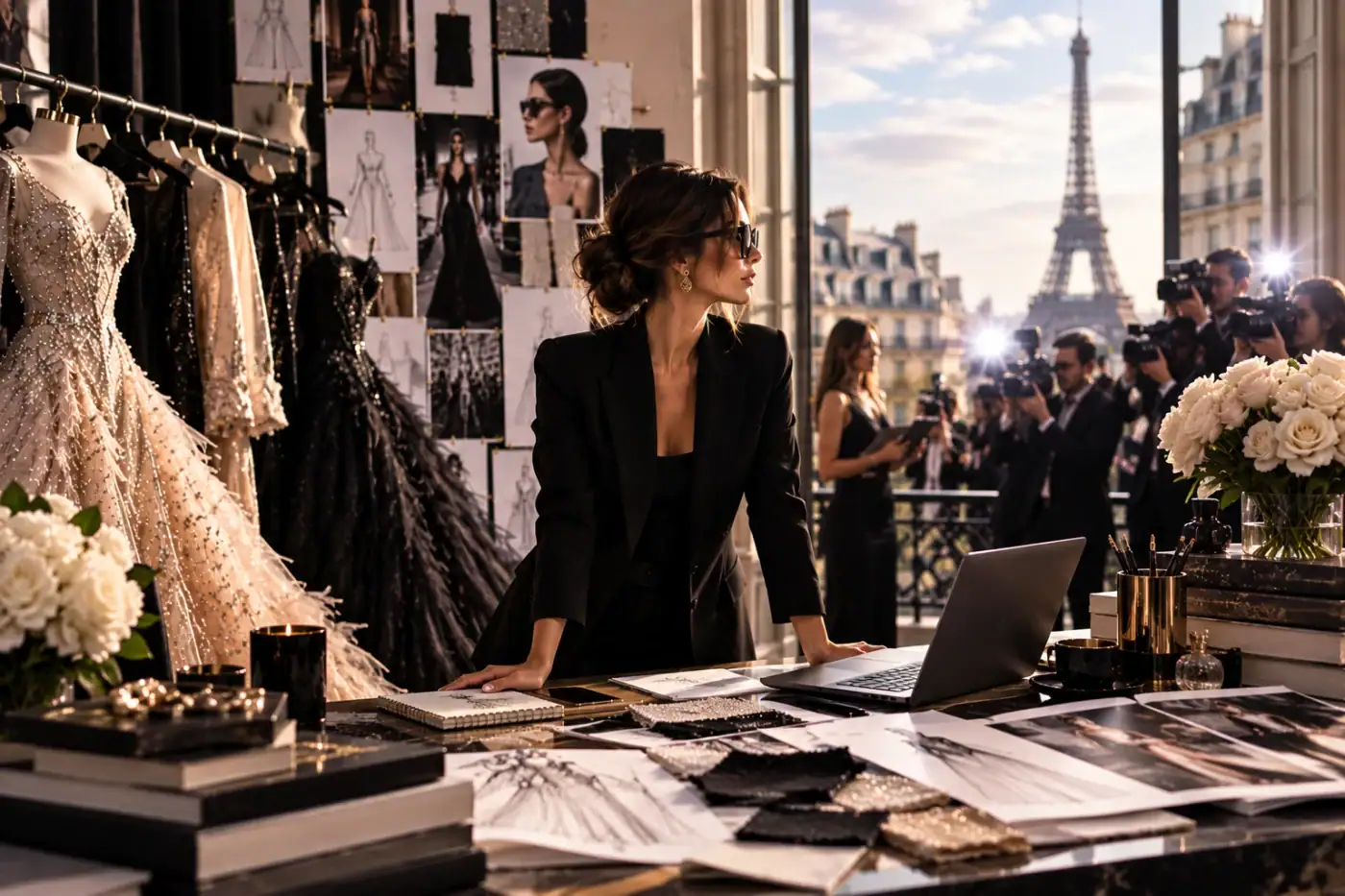 Fashion brand founder in her Paris atelier as press photographers gather outside — fashion brand PR agency London, United Press