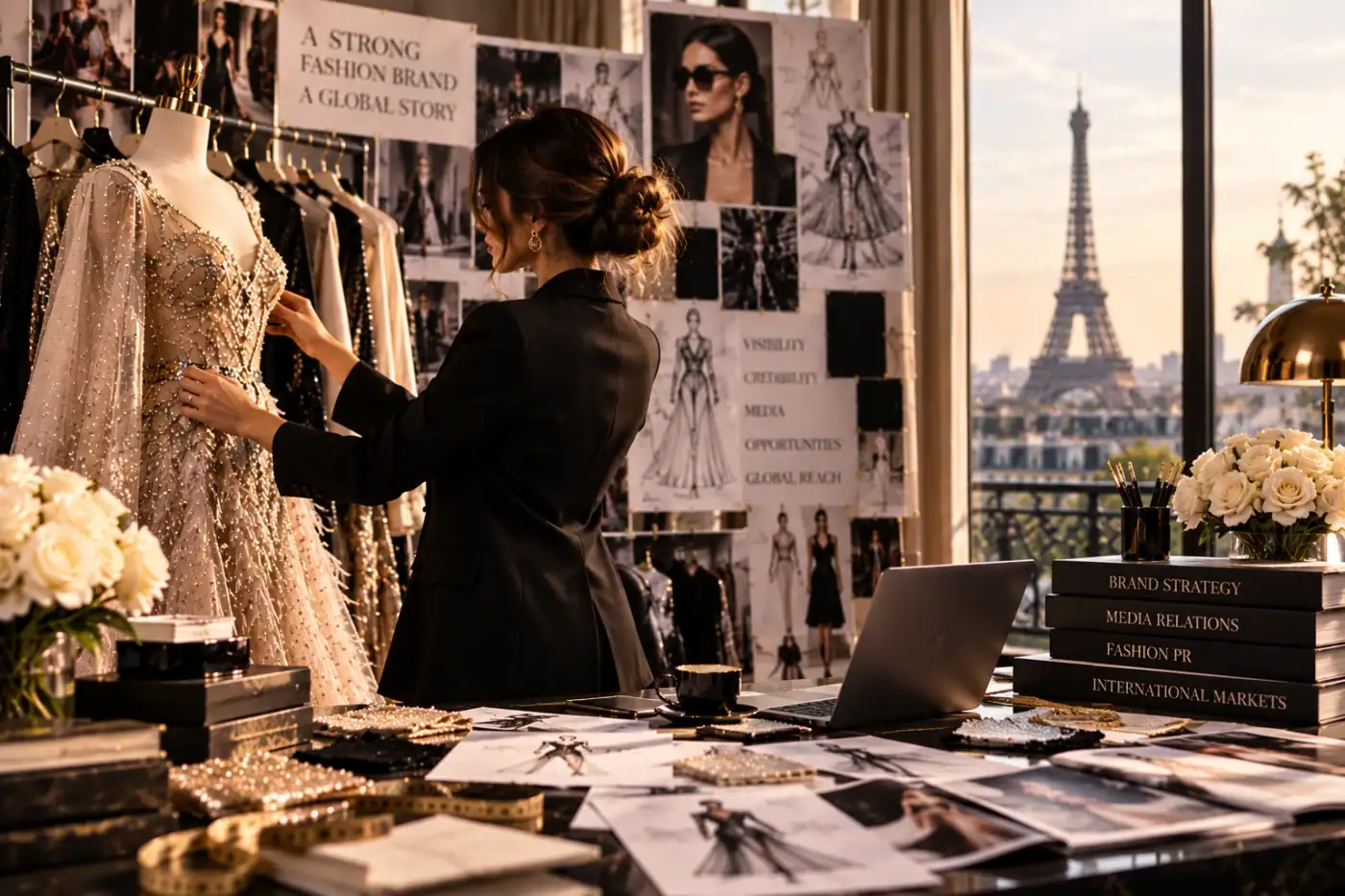 Fashion brand strategy board — a strong fashion brand, a global story: visibility, credibility, media opportunities, global reach