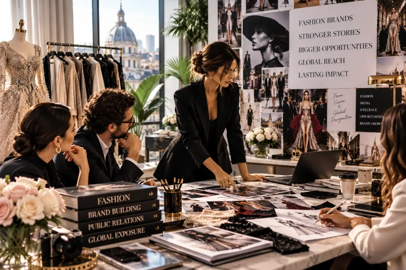 Fashion brand PR strategy meeting — team reviewing press features, brand building and global exposure