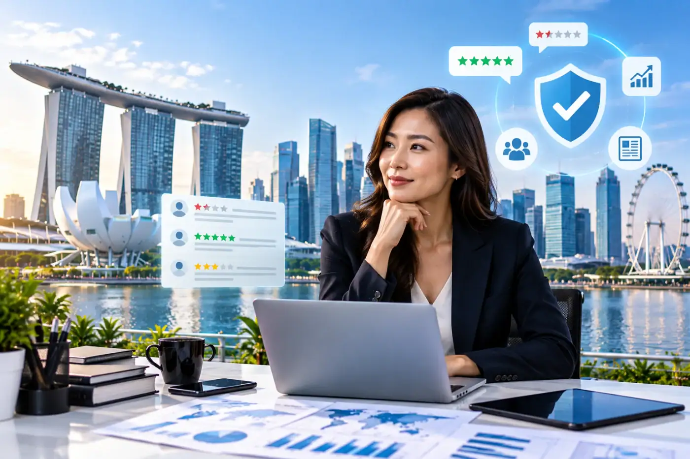 Reputation management Singapore — a business leader reviewing online reviews and search results across the Marina Bay skyline