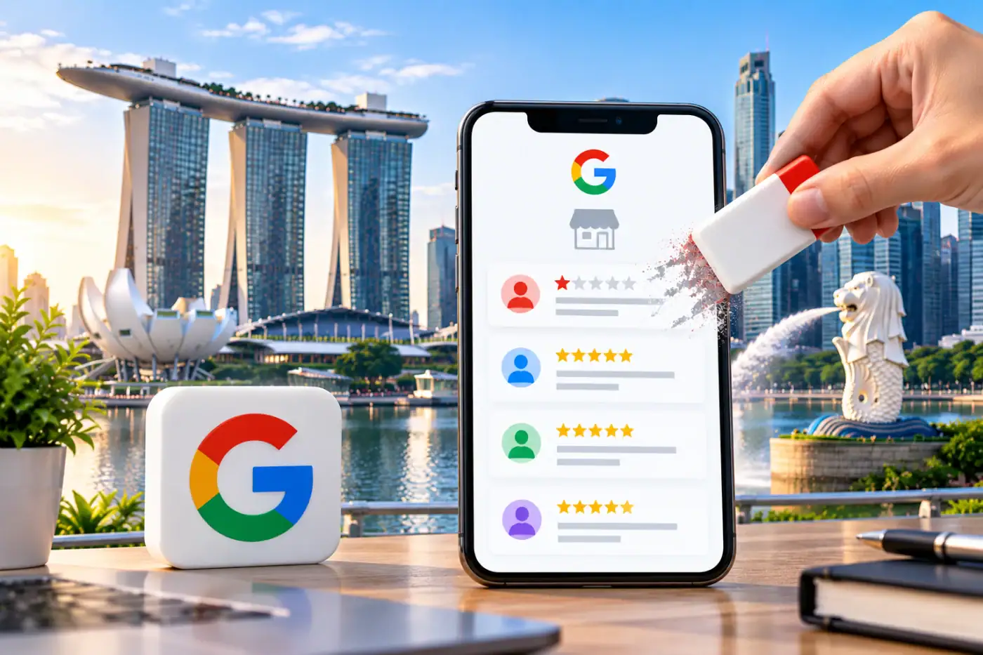 Removing a negative Google review on a phone against the Marina Bay Singapore skyline