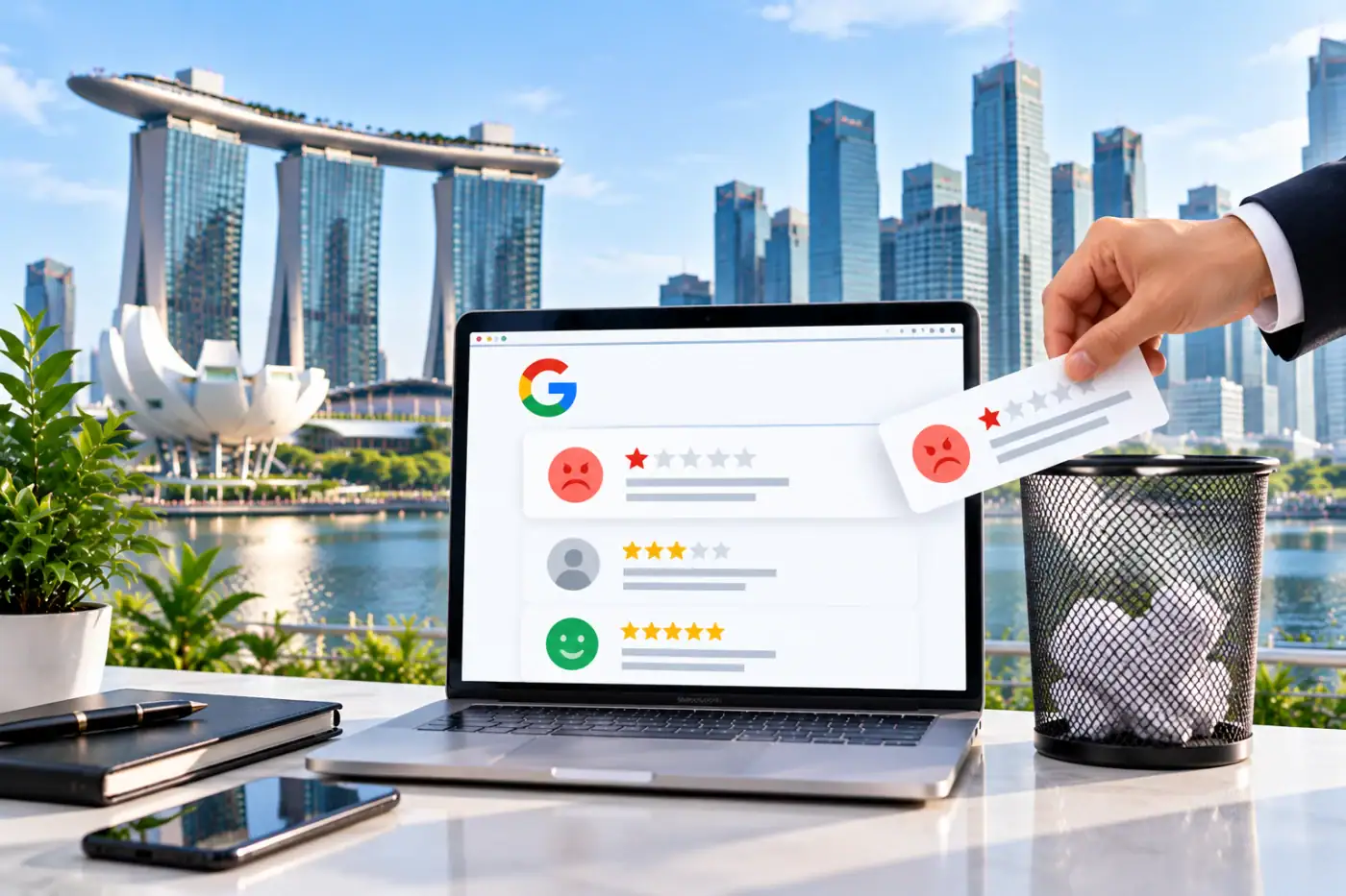 A one-star Google review being removed from a business listing in Singapore