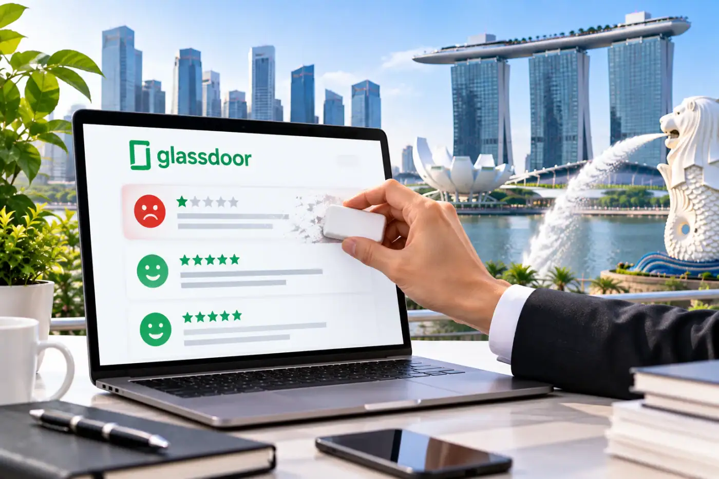 Removing a negative Glassdoor review on a laptop against the Marina Bay Singapore skyline