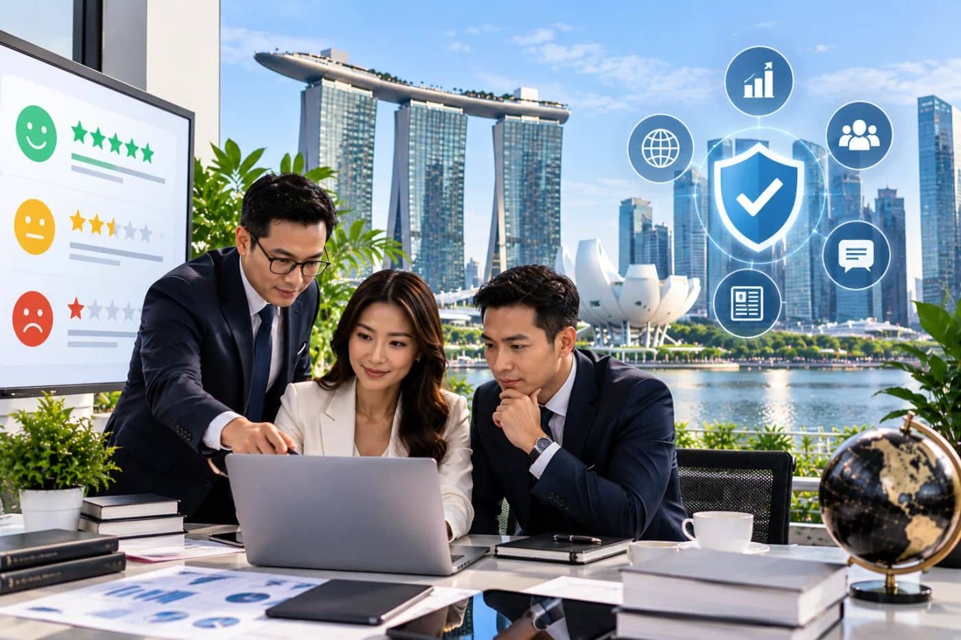 News article removal service Singapore - a team reviewing online reputation and search results with the Singapore skyline behind them
