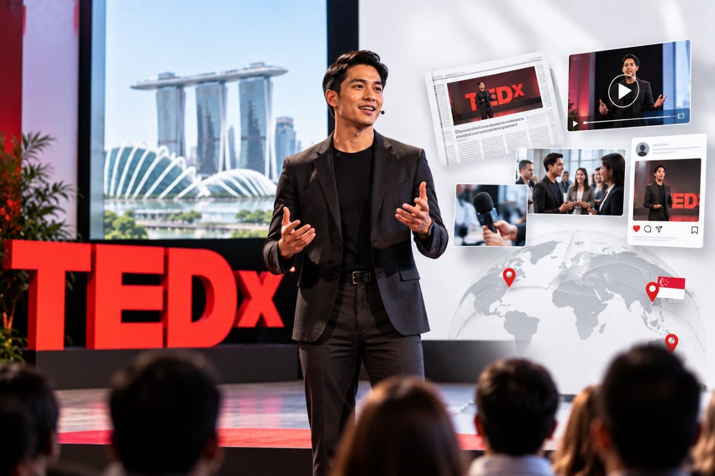 PR for TEDx speakers - a TEDx speaker on stage surrounded by the press coverage, video views and interviews his talk produced