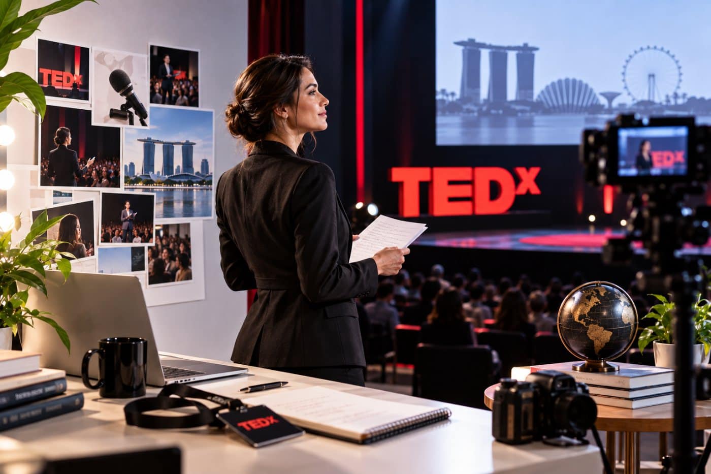 PR for TEDx speakers - a speaker backstage reviewing her notes beside a wall of press clippings and coverage from her talk