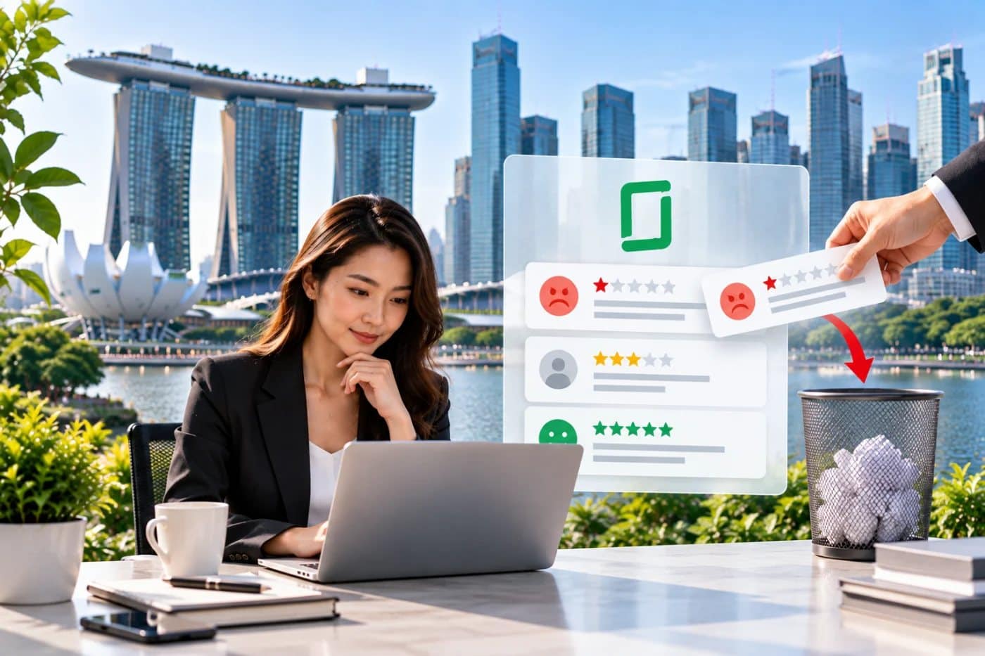 Remove negative news articles Singapore - negative online content being lifted away and discarded, with the Marina Bay skyline behind