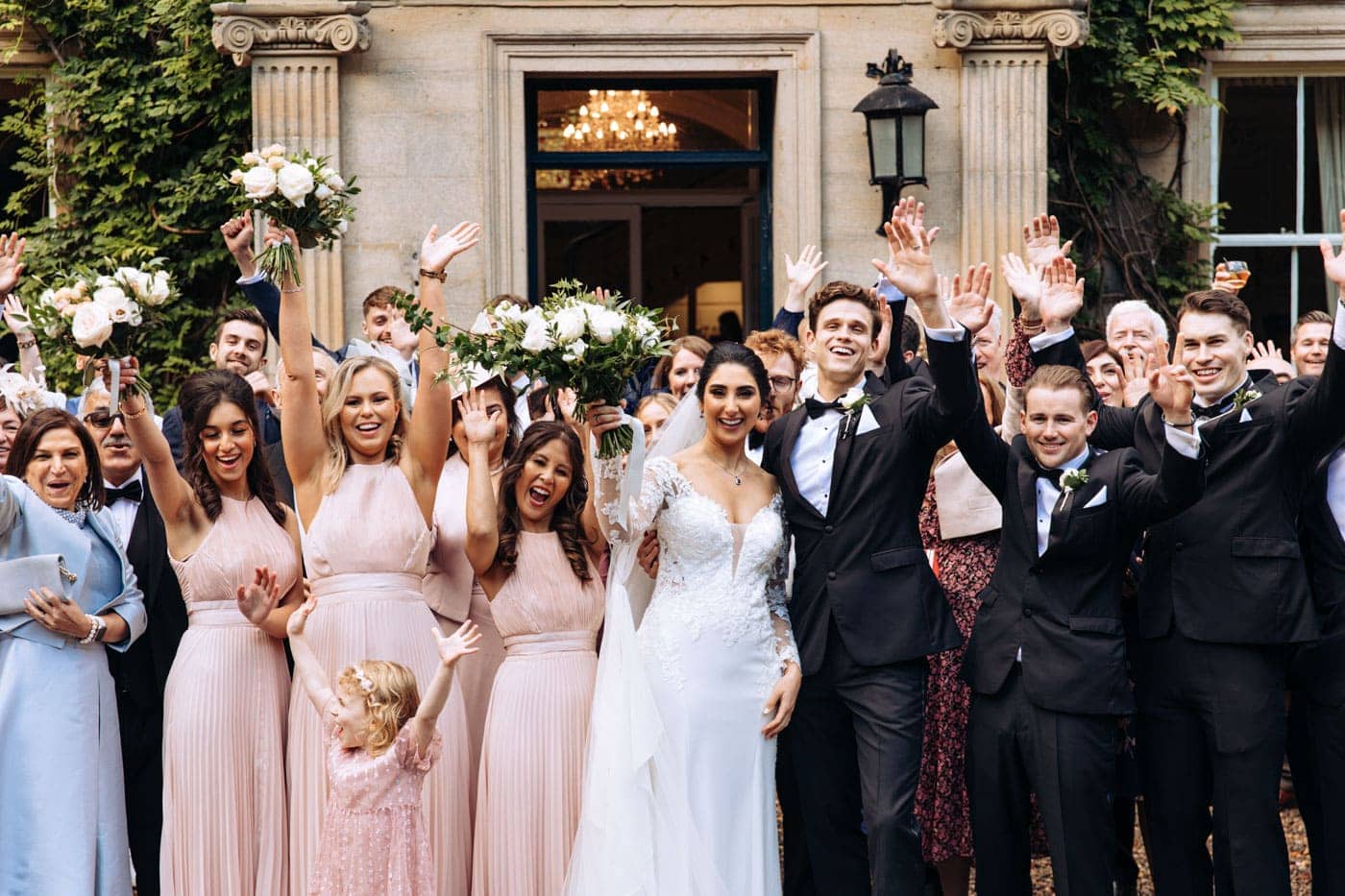 bridal party group photographs at eshott hall during their wedding day photography