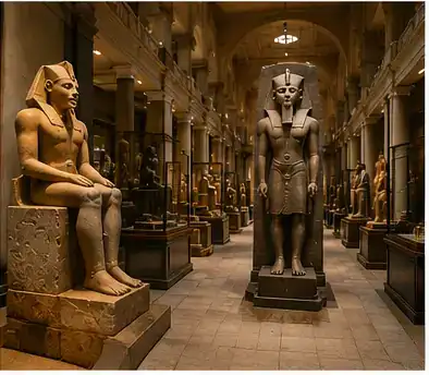 Stone royal sculpture displayed beside monumental statues