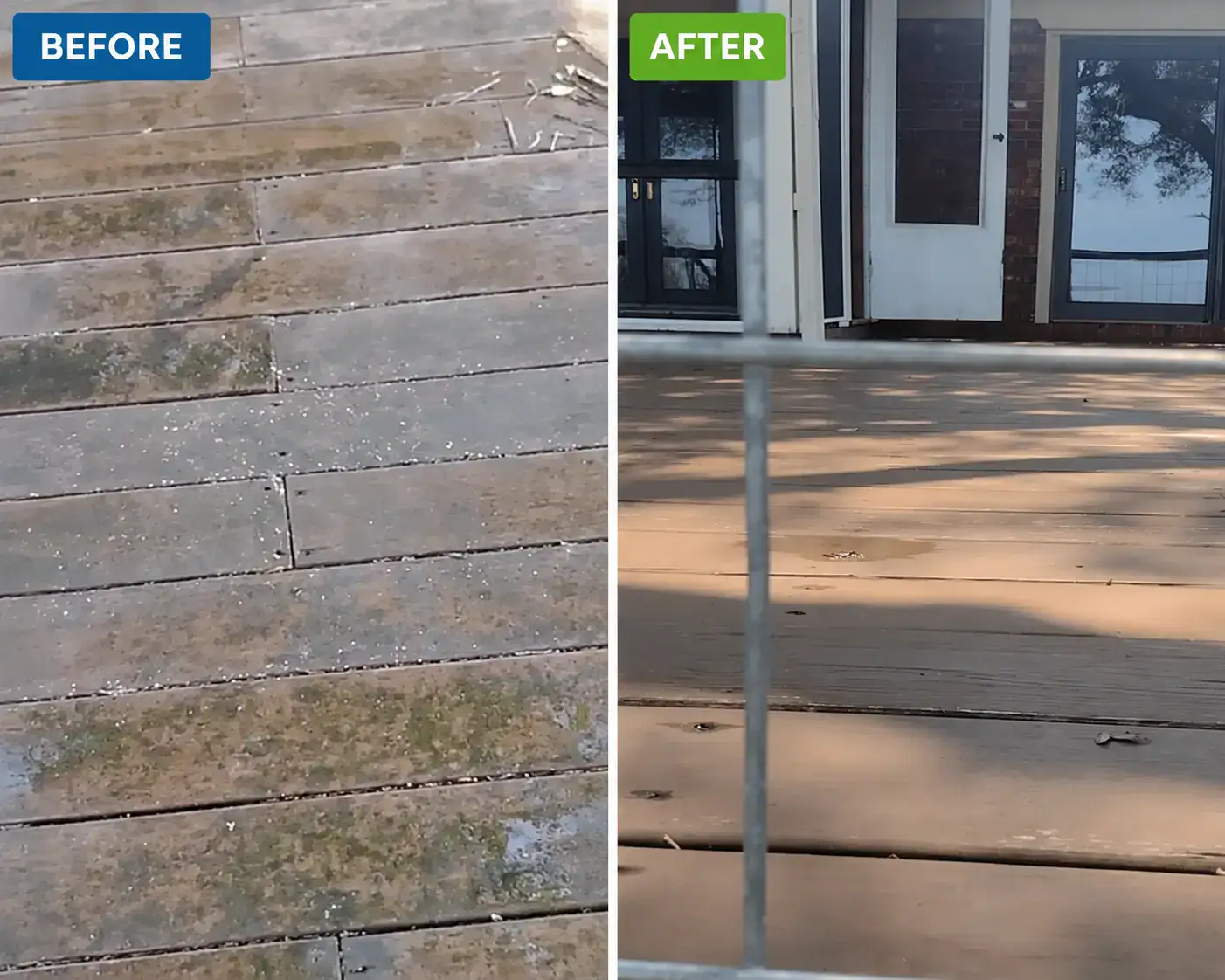 Before-and-after comparison of an algae-stained wood deck and the cleaner deck surface after professional exterior cleaning by DSS Exterior Cleaning