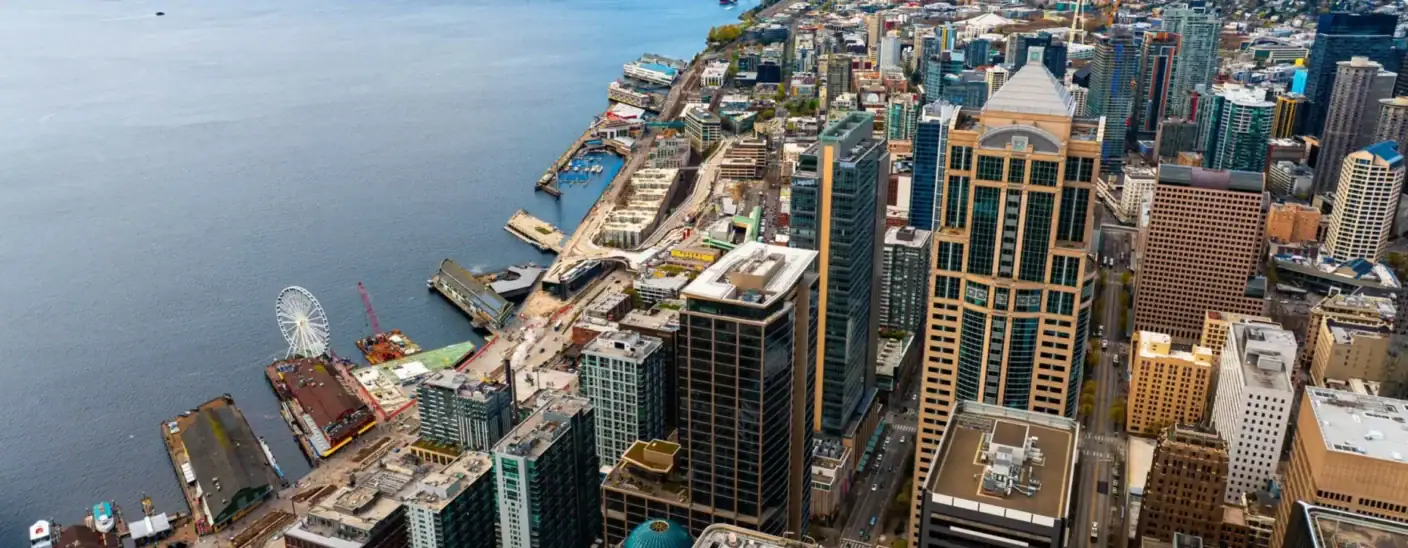 Seattle city skyline with downtown streets and urban infrastructure