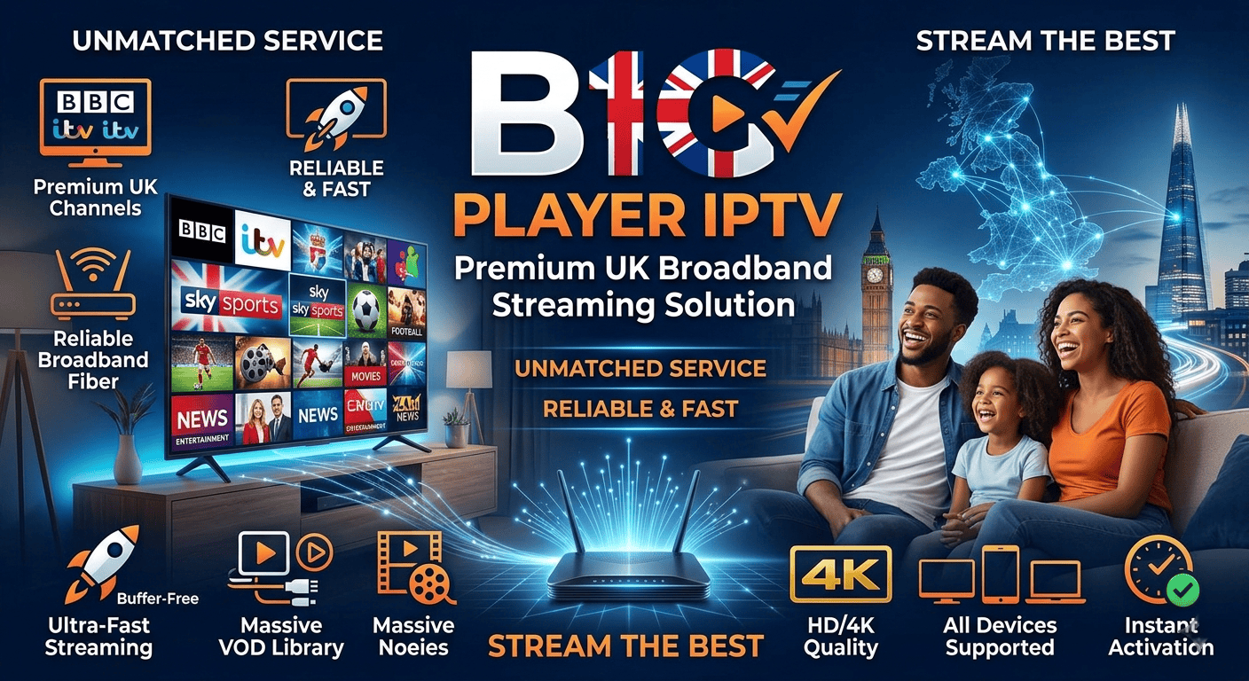 A modern UK living room setup using B1G Player IPTV for high-speed broadband television streaming on a Firestick.