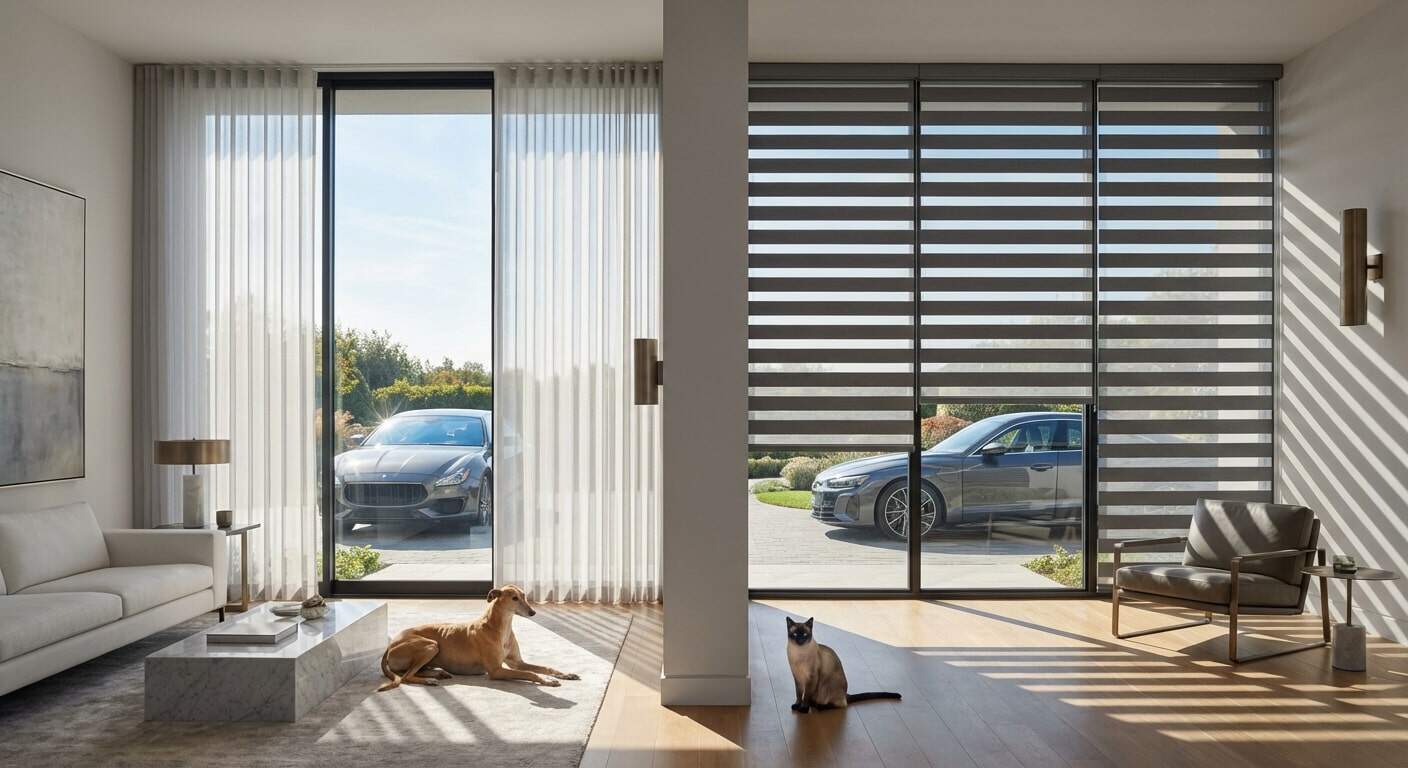 Bright living room with sliding glass doors, luxury cars outside, and pets relaxing indoors.