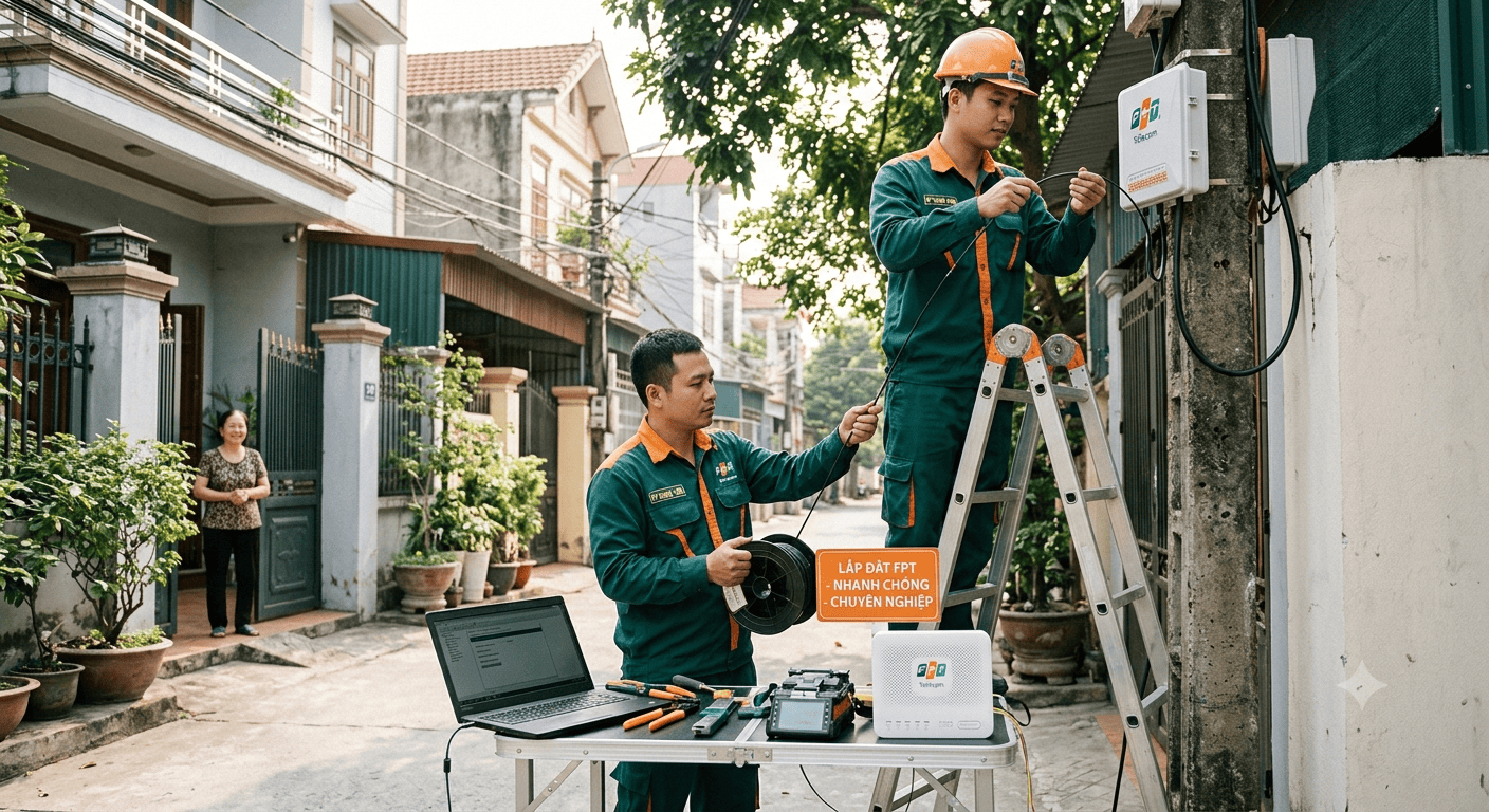 Kỹ thuật viên FPT Telecom đang tiến hành lắp đặt internet FPT cáp quang tại Nghệ An