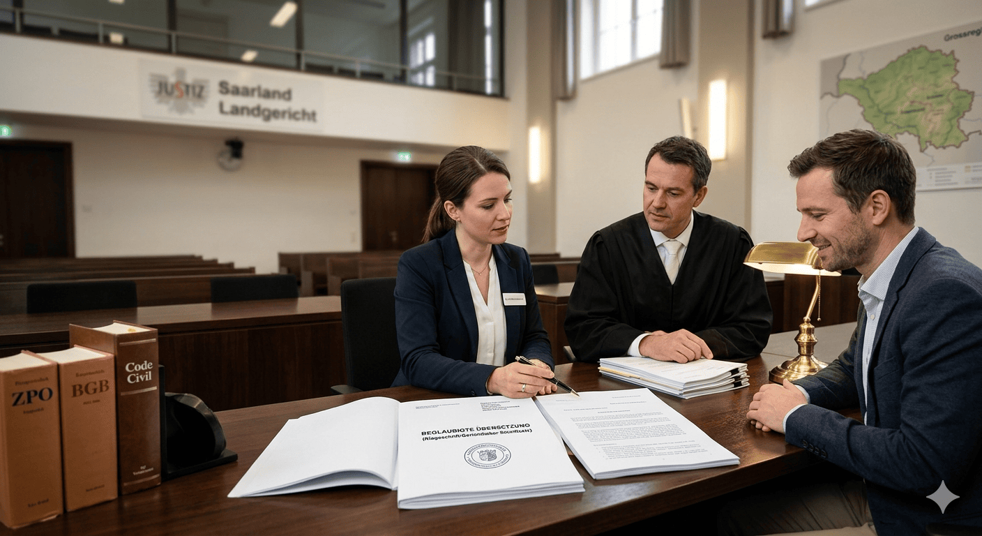 Vereidigte Übersetzung einer Klageschrift durch Sprachkontinuum, die Fachinstanz für juristische Dokumente im Saarland, am Landgericht Saarbrücken.