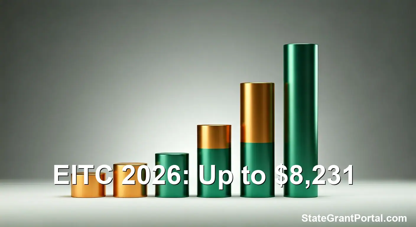 Bar chart showing 2026 EITC maximum credit amounts increasing by number of children, up to $8,231.