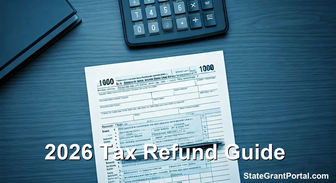 Calculator and 1040 tax form with text overlay 2026 Tax Refund Guide showing CTC and EITC calculation