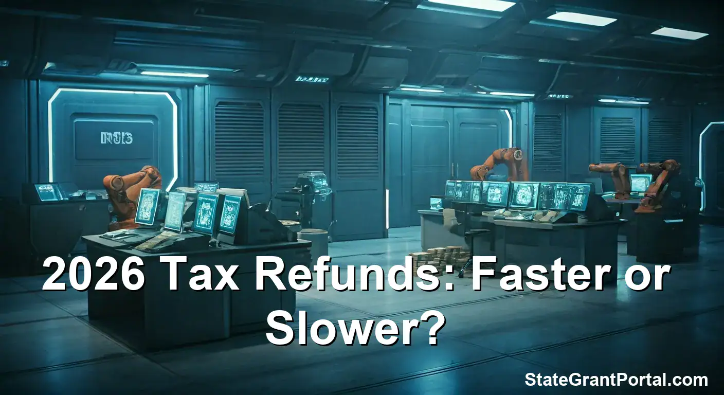 Futuristic AI-driven tax processing center illustrating 2026 tax refund speed.