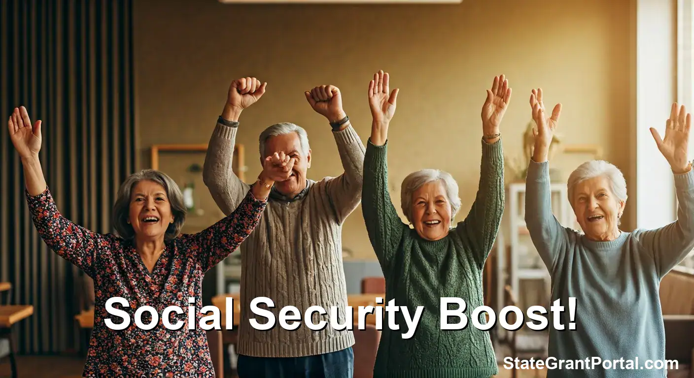 Happy senior citizens celebrating 2026 Social Security increase and DOGE budget cuts impact