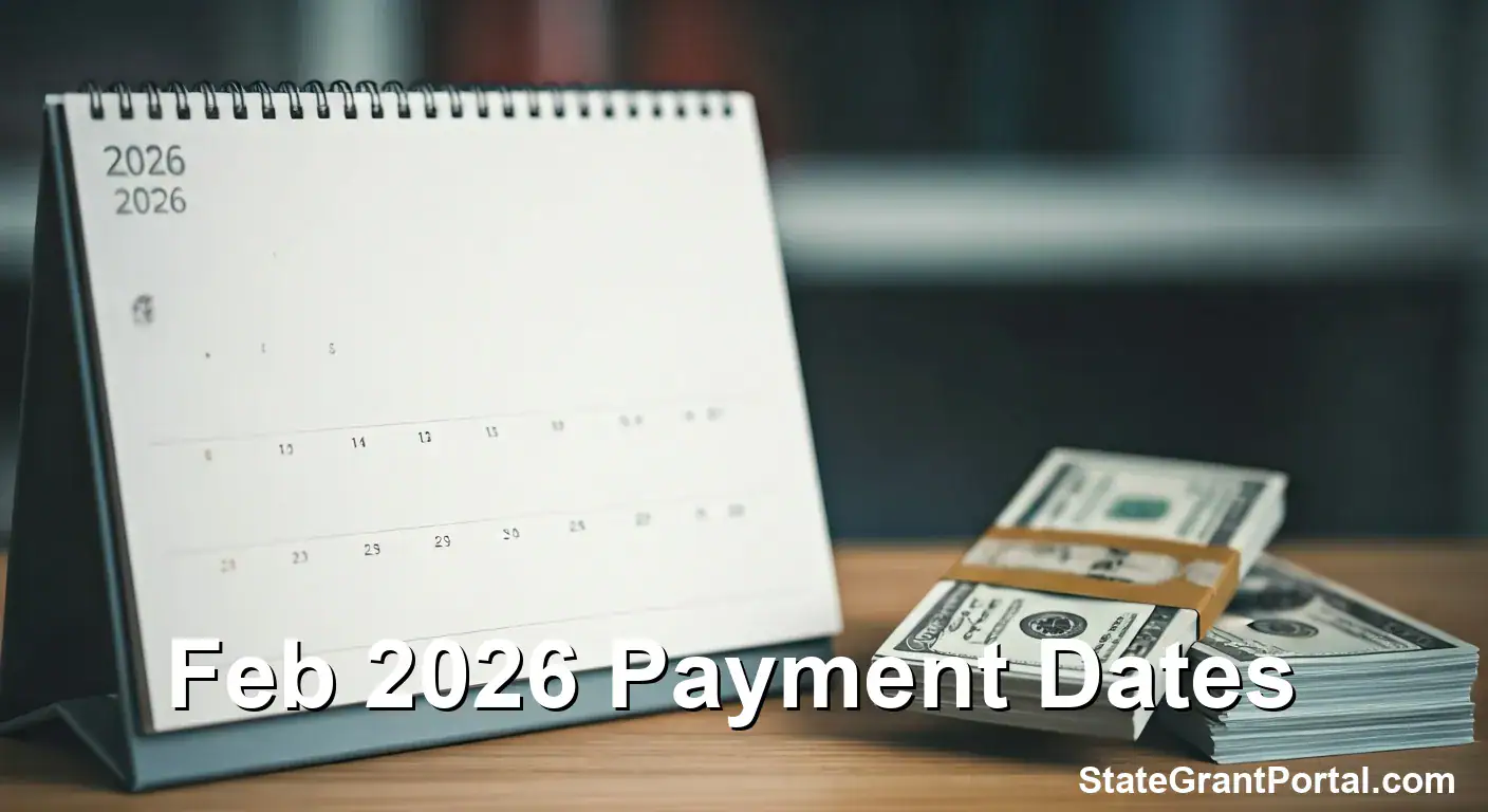 Calendar showing Social Security Payment Schedule February 2026 with money stacks.