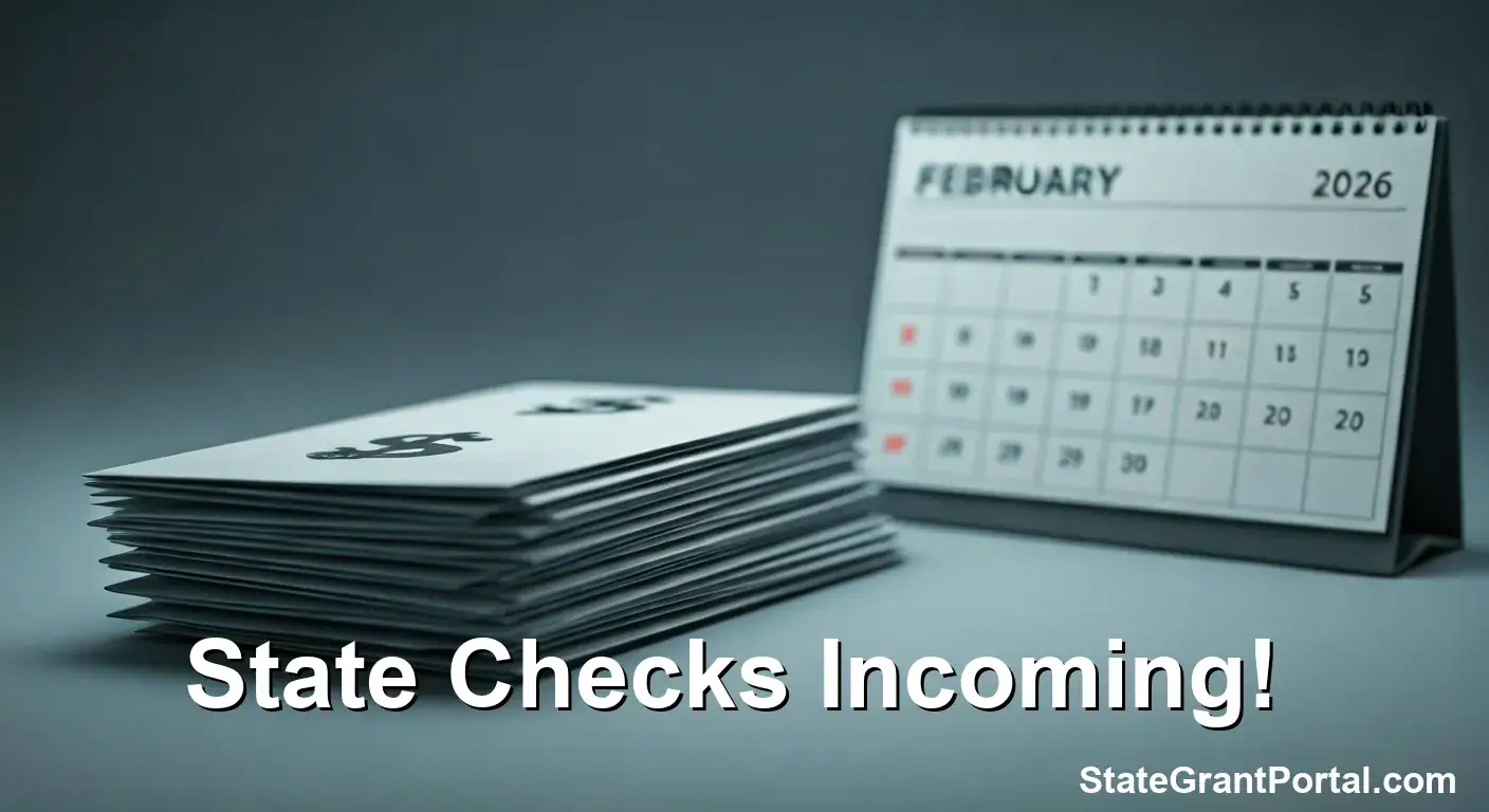 Calendar marked February 2026 with cash and text "State Checks Incoming!" representing inflation relief payments.