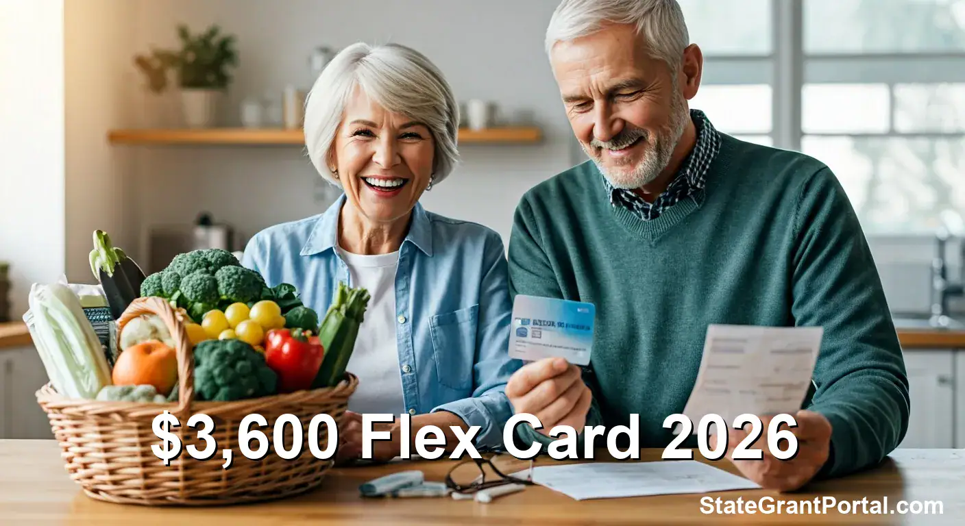 Happy seniors holding a $3,600 Flex Card with groceries and dental bills.
