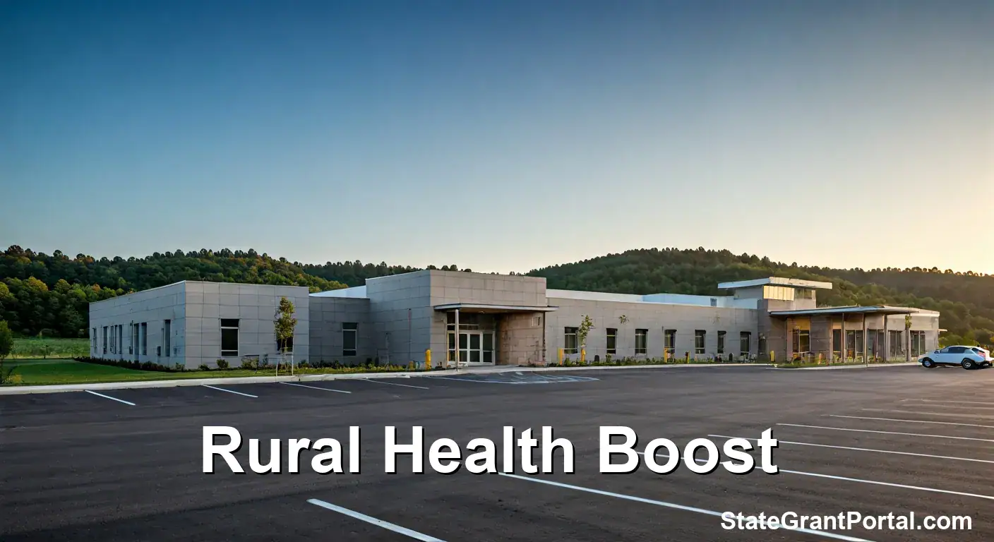 Rural Health Boost text overlay on a modern rural clinic building funded by the $50 billion program.