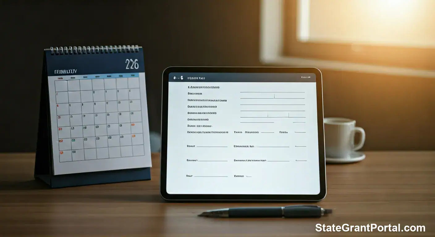 Calendar marked February 2026 and a digital tablet showing the Farmer Bridge Assistance Program 2026 application form.