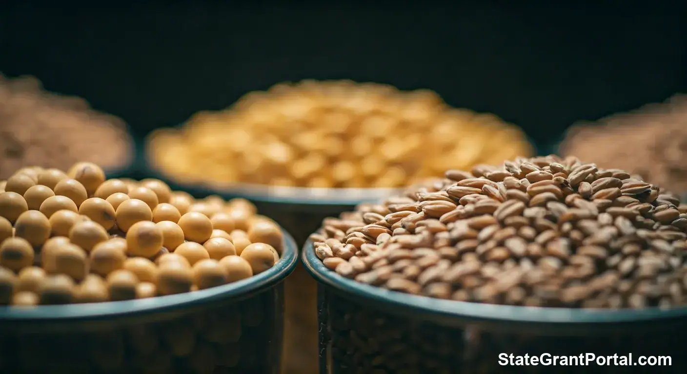 Bowls of corn, soybeans, and wheat representing the specific payment rates for the Farmer Bridge Assistance Program 2026.
