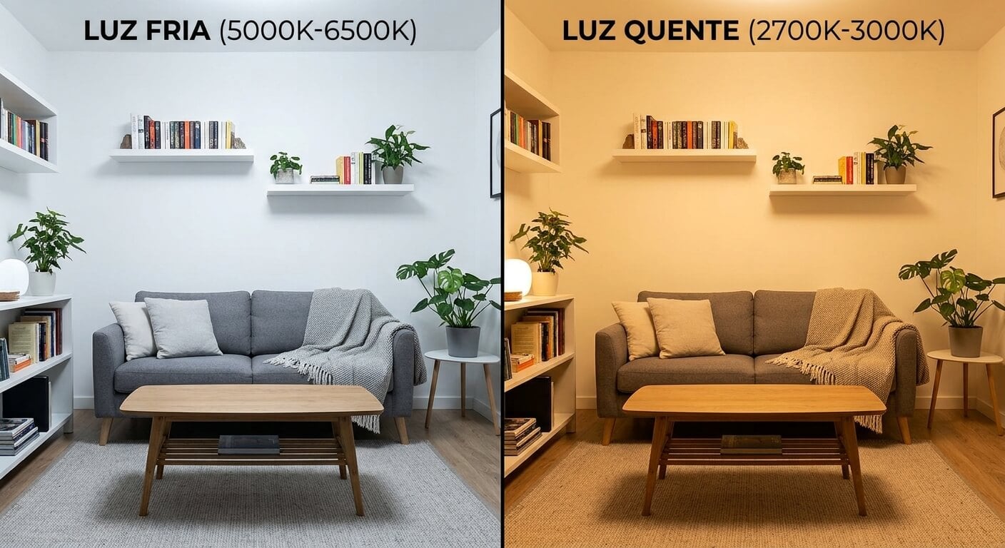 Comparação entre luz quente e luz fria em uma sala pequena