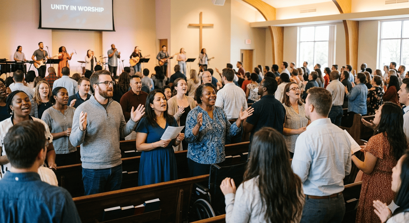 A congregation sings and engages in worship inside a church, with musicians performing on stage.